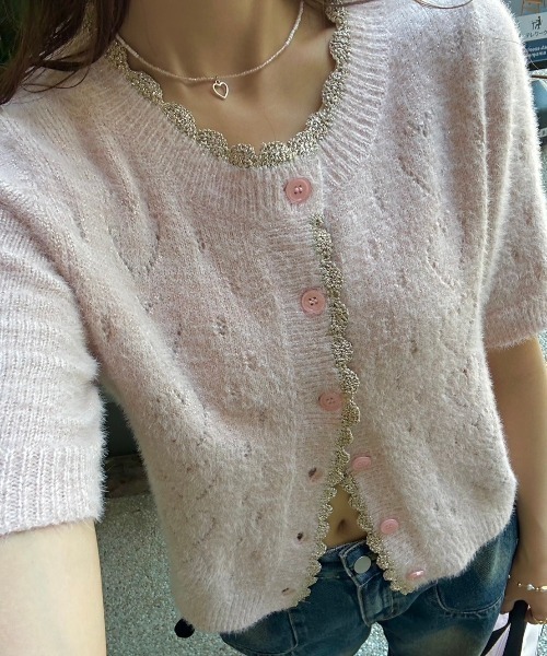 idem(イデム)の「lovely heart knit cardigan/ハート柄サマーニットカーディガン(カーディガン/ボレロ・レディース・グレー/ピンク・FREE)」の15枚目の写真