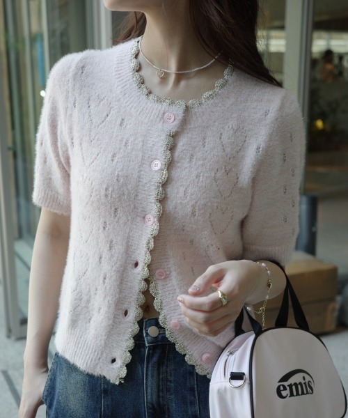 idem(イデム)の「lovely heart knit cardigan/ハート柄サマーニットカーディガン(カーディガン/ボレロ・レディース・グレー/ピンク・FREE)」の6枚目の写真