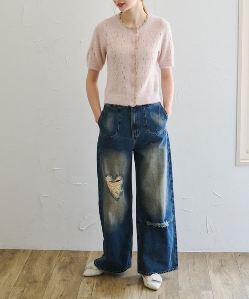 idem(イデム)の「lovely heart knit cardigan/ハート柄サマーニットカーディガン(カーディガン/ボレロ・レディース・グレー/ピンク・FREE)」の16枚目の写真