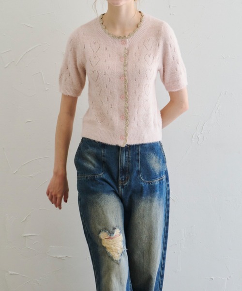 idem(イデム)の「lovely heart knit cardigan/ハート柄サマーニットカーディガン(カーディガン/ボレロ・レディース・グレー/ピンク・FREE)」の17枚目の写真