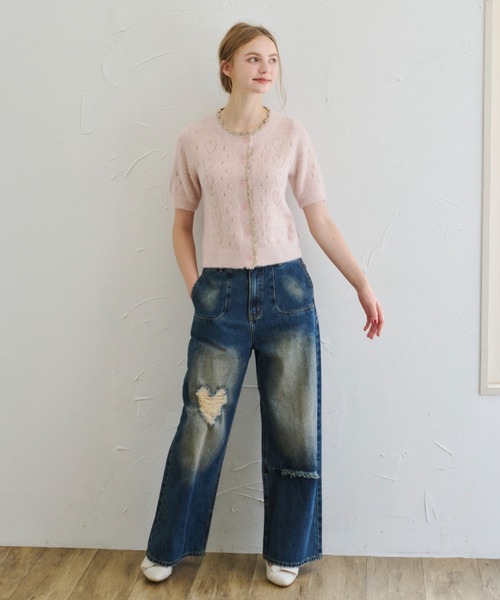 idem(イデム)の「lovely heart knit cardigan/ハート柄サマーニットカーディガン(カーディガン/ボレロ・レディース・グレー/ピンク・FREE)」の18枚目の写真