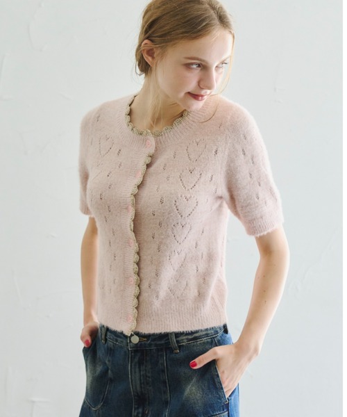 idem(イデム)の「lovely heart knit cardigan/ハート柄サマーニットカーディガン(カーディガン/ボレロ・レディース・グレー/ピンク・FREE)」の19枚目の写真