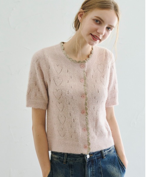 idem(イデム)の「lovely heart knit cardigan/ハート柄サマーニットカーディガン(カーディガン/ボレロ・レディース・グレー/ピンク・FREE)」の20枚目の写真
