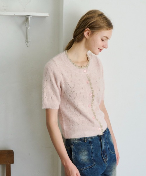 idem(イデム)の「lovely heart knit cardigan/ハート柄サマーニットカーディガン(カーディガン/ボレロ・レディース・グレー/ピンク・FREE)」の10枚目の写真