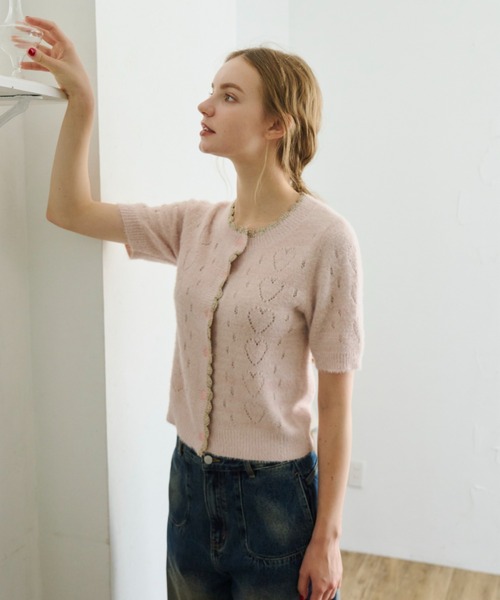 idem(イデム)の「lovely heart knit cardigan/ハート柄サマーニットカーディガン(カーディガン/ボレロ・レディース・グレー/ピンク・FREE)」の11枚目の写真