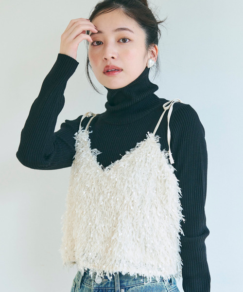 coca（coca）（コカ）の「リボンシャギーキャミソール（キャミソール・レディース・ブラック/アイボリー・M/L）」の2枚目の写真