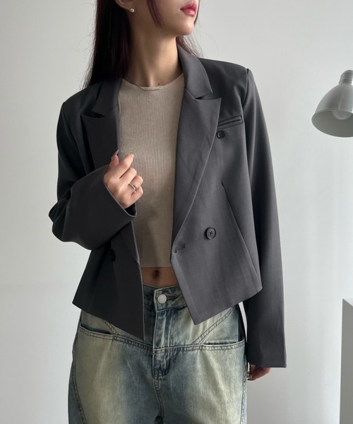 VACANCY(ヴァカンシー)の「ダブルショートジャケット(テーラードジャケット・レディース・アイボリー/チャコールグレー/グレー・FREE)」の7枚目の写真