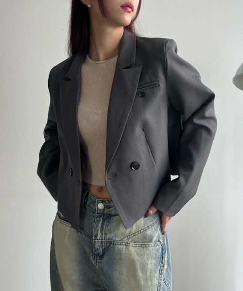 VACANCY(ヴァカンシー)の「ダブルショートジャケット(テーラードジャケット・レディース・アイボリー/チャコールグレー/グレー・FREE)」の6枚目の写真