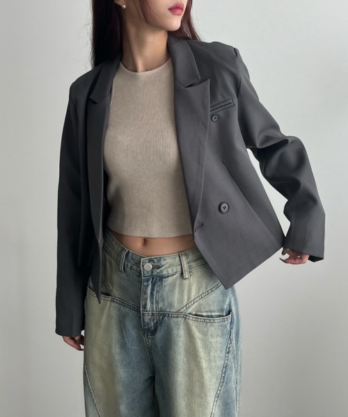 VACANCY(ヴァカンシー)の「ダブルショートジャケット(テーラードジャケット・レディース・アイボリー/チャコールグレー/グレー・FREE)」の4枚目の写真