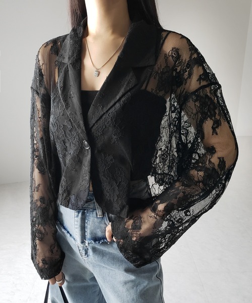 me+em select（ミームセレクト）の「※※【 ２color 】レースショートテーラードジャケット ／ lace short tailored jacket（テーラードジャケット・レディース・ブラック/ホワイト・FREE）」の2枚目の写真
