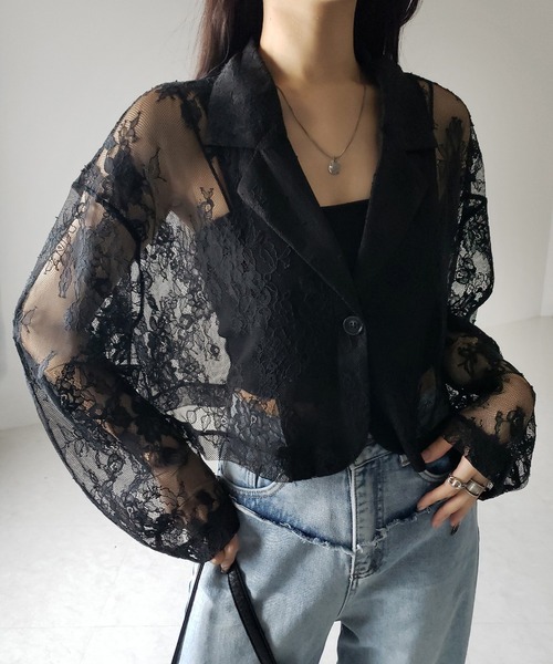 me+em select（ミームセレクト）の「※※【 ２color 】レースショートテーラードジャケット ／ lace short tailored jacket（テーラードジャケット・レディース・ブラック/ホワイト・FREE）」の4枚目の写真