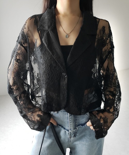 me+em select（ミームセレクト）の「※※【 ２color 】レースショートテーラードジャケット ／ lace short tailored jacket（テーラードジャケット・レディース・ブラック/ホワイト・FREE）」の3枚目の写真