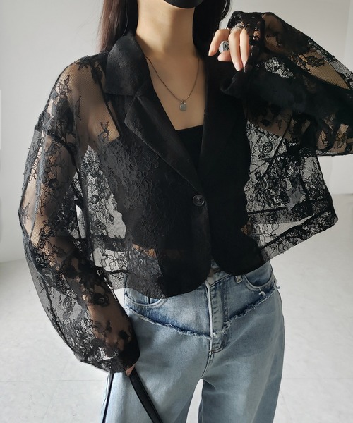 me+em select（ミームセレクト）の「※※【 ２color 】レースショートテーラードジャケット ／ lace short tailored jacket（テーラードジャケット・レディース・ブラック/ホワイト・FREE）」の6枚目の写真