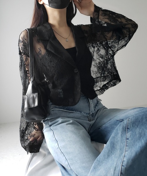 me+em select（ミームセレクト）の「※※【 ２color 】レースショートテーラードジャケット ／ lace short tailored jacket（テーラードジャケット・レディース・ブラック/ホワイト・FREE）」の8枚目の写真