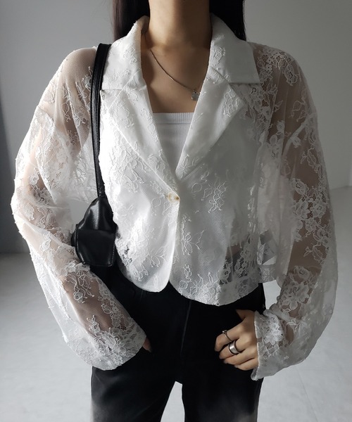 me+em select（ミームセレクト）の「※※【 ２color 】レースショートテーラードジャケット ／ lace short tailored jacket（テーラードジャケット・レディース・ブラック/ホワイト・FREE）」の19枚目の写真