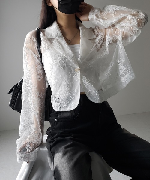 me+em select（ミームセレクト）の「※※【 ２color 】レースショートテーラードジャケット ／ lace short tailored jacket（テーラードジャケット・レディース・ブラック/ホワイト・FREE）」の21枚目の写真