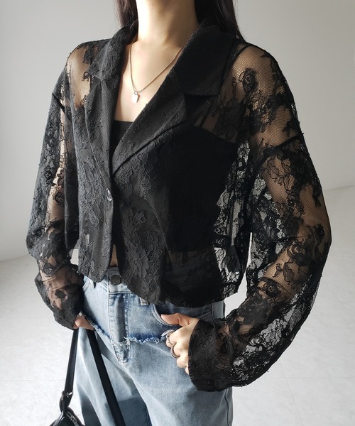 me+em select（ミームセレクト）の「※※【 ２color 】レースショートテーラードジャケット ／ lace short tailored jacket（テーラードジャケット・レディース・ブラック/ホワイト・FREE）」の5枚目の写真