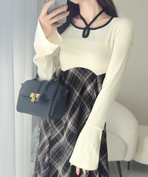 mily bilet(ミウィビレット)の【mily bilet】大人の上品さをブラッシュアップ。チョーカー使い配色パイピングカットソードッキングチェックワンピース(ワンピース)