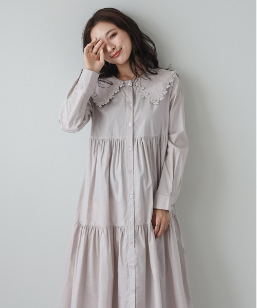 セール】レースカラーティアードワンピース（シャツワンピース