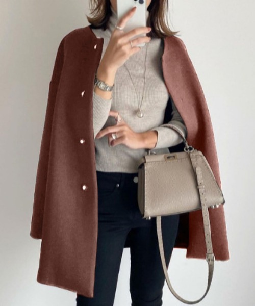 セール】エフォートレス ノーカラーロングコート（チェスターコート