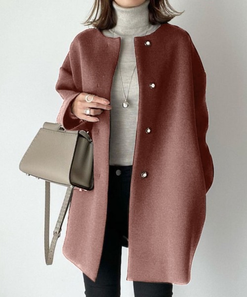 セール】エフォートレス ノーカラーロングコート（チェスターコート