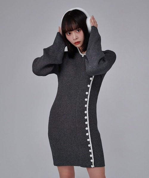 favclo.（ファブクロ）の「China Line Knit Dress / チャイナラインニットワンピース（ワンピース・レディース・ライトホワイト/ブラック・FREE）」の4枚目の写真