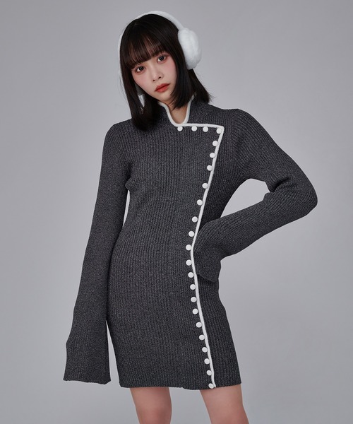 favclo.（ファブクロ）の「China Line Knit Dress / チャイナラインニットワンピース（ワンピース・レディース・ライトホワイト/ブラック・FREE）」の5枚目の写真