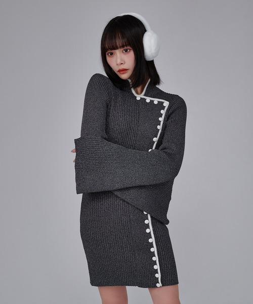 favclo.（ファブクロ）の「China Line Knit Dress / チャイナラインニットワンピース（ワンピース・レディース・ライトホワイト/ブラック・FREE）」の6枚目の写真