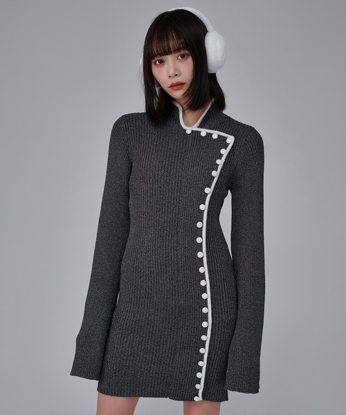 favclo.（ファブクロ）の「China Line Knit Dress / チャイナラインニットワンピース（ワンピース・レディース・ライトホワイト/ブラック・FREE）」の7枚目の写真