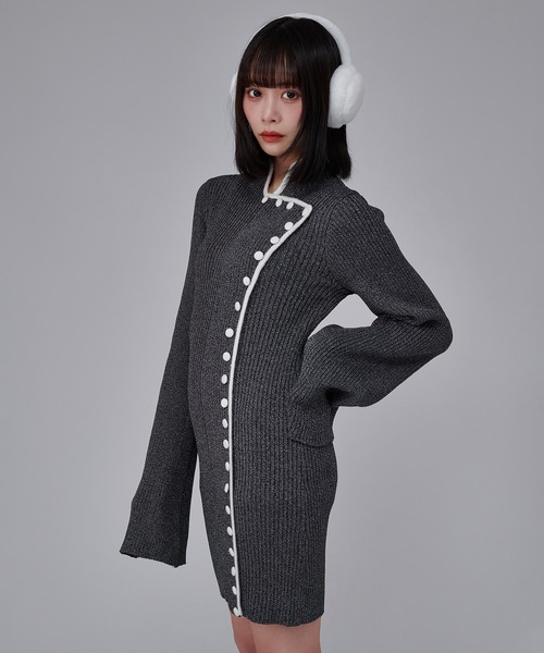 favclo.（ファブクロ）の「China Line Knit Dress / チャイナラインニットワンピース（ワンピース・レディース・ライトホワイト/ブラック・FREE）」の8枚目の写真