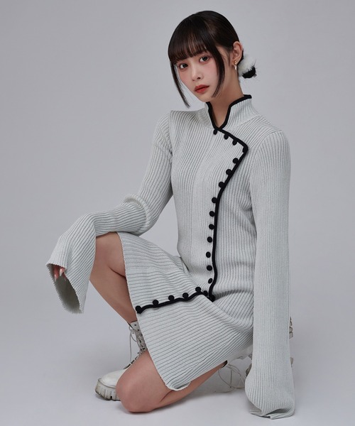 favclo.（ファブクロ）の「China Line Knit Dress / チャイナラインニットワンピース（ワンピース・レディース・ライトホワイト/ブラック・FREE）」の13枚目の写真