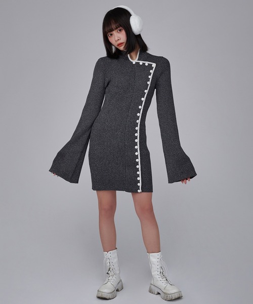 favclo.（ファブクロ）の「China Line Knit Dress / チャイナラインニットワンピース（ワンピース・レディース・ライトホワイト/ブラック・FREE）」の18枚目の写真