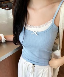 レース リボン フェイクレイヤード カップ付き キャミソール