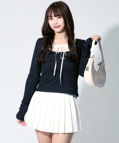 セール】Square Neck Ruffle Ribbon Tops / スクエアネック
