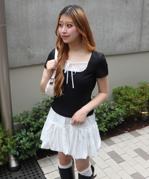 セール】Square Neck Ruffle Ribbon Tops / スクエアネック