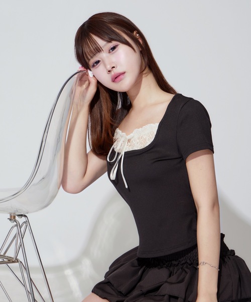 ALLuRing ChaRm（アリュリングチャーム）の「Square Neck Ruffle Ribbon Tops / スクエアネックフリルリボントップス（シャツ/ブラウス・レディース・ブラック/ブラック系その他・FREE）」の10枚目の写真