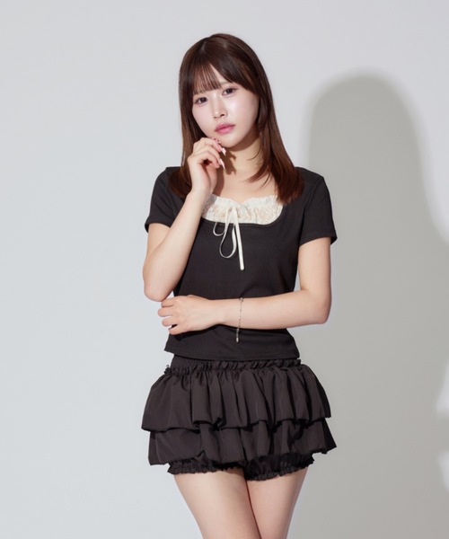 ALLuRing ChaRm（アリュリングチャーム）の「Square Neck Ruffle Ribbon Tops / スクエアネックフリルリボントップス（シャツ/ブラウス・レディース・ブラック/ブラック系その他・FREE）」の4枚目の写真