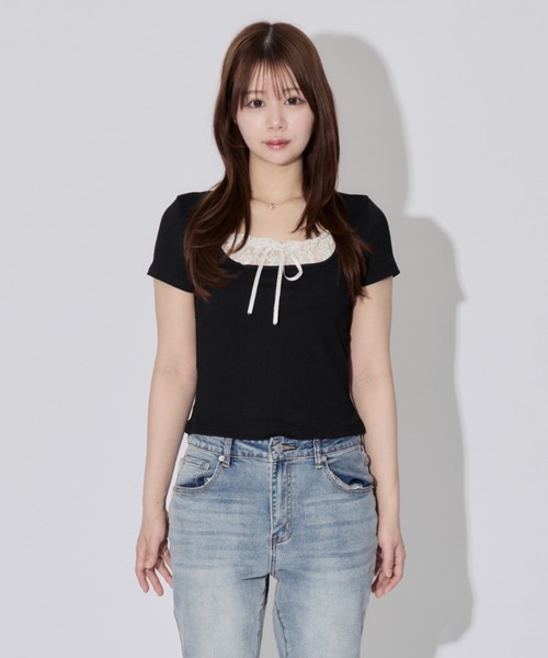 ALLuRing ChaRm(アリュリングチャーム)の「Square Neck Ruffle Ribbon Tops / スクエアネックフリルリボントップス(シャツ/ブラウス・レディース・ブラック/ブラック系その他・FREE)」の13枚目の写真