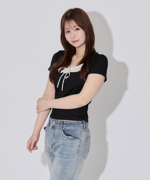 ALLuRing ChaRm(アリュリングチャーム)の「Square Neck Ruffle Ribbon Tops / スクエアネックフリルリボントップス(シャツ/ブラウス・レディース・ブラック/ブラック系その他・FREE)」の16枚目の写真