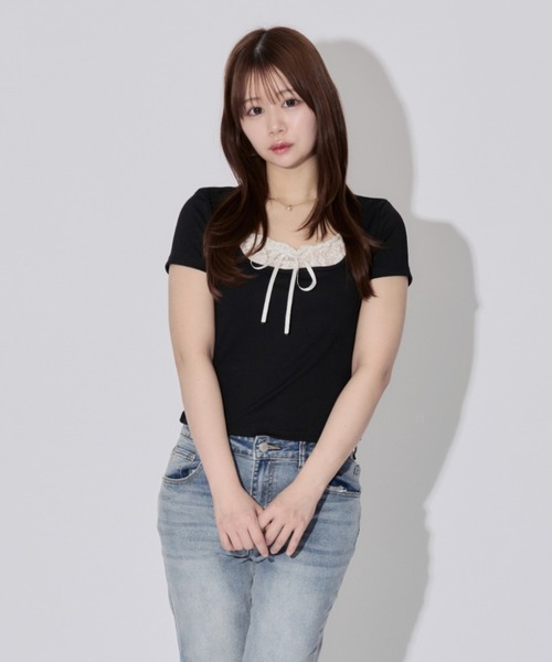 ALLuRing ChaRm(アリュリングチャーム)の「Square Neck Ruffle Ribbon Tops / スクエアネックフリルリボントップス(シャツ/ブラウス・レディース・ブラック/ブラック系その他・FREE)」の14枚目の写真