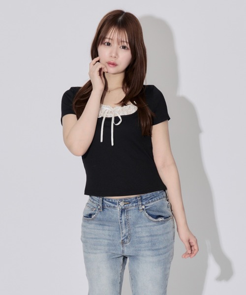 ALLuRing ChaRm(アリュリングチャーム)の「Square Neck Ruffle Ribbon Tops / スクエアネックフリルリボントップス(シャツ/ブラウス・レディース・ブラック/ブラック系その他・FREE)」の15枚目の写真