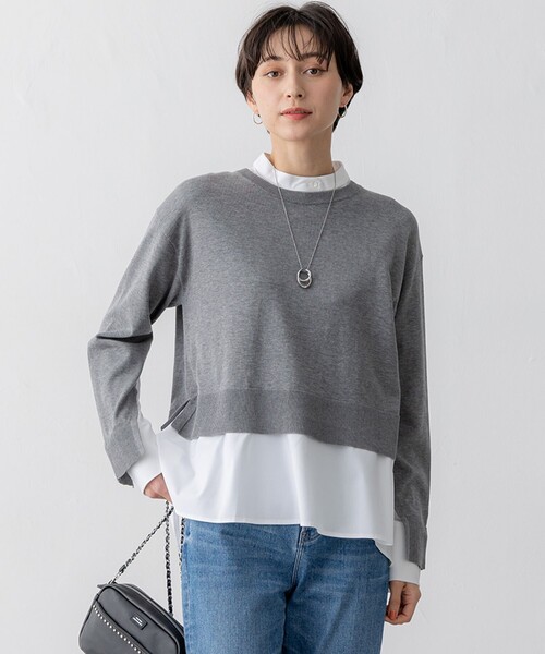 23区 S(ニジュウサンクチイサイサイズ)の「【洗える】シャツ コンビネーション ニット(ニット/セーター・レディース・ブラック系/ベージュ系/グレー系・32)」の2枚目の写真