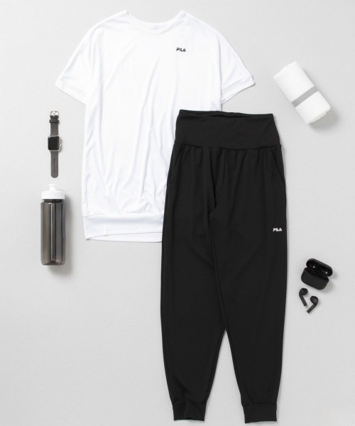 FILA(フィラ)の「【FILA/フィラ】上下2点セット 水陸両用 半袖シャツ&サルエルパンツ フィットネスウェア(Tシャツ/カットソー・レディース・ブラック/ダークパープル/グレー/ミント/ホワイト・XX-LARGE/XXX-LARGE/XXXX-LARGE/LARGE/X-LARGE/MEDIUM/SMALL)」の1枚目の写真