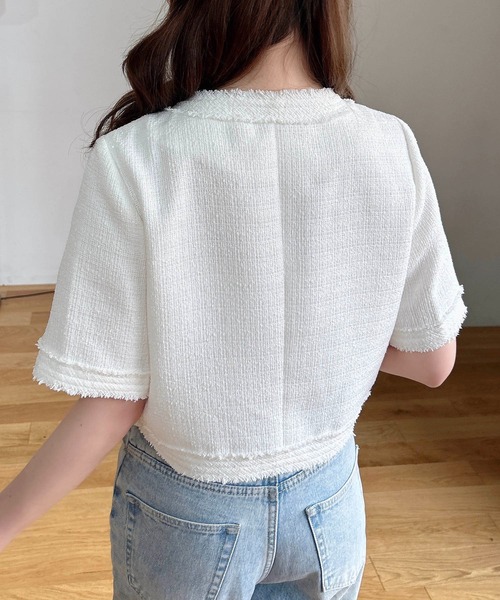 INGNI（イング）の「ツイードフリンジ半袖ジャケット（ノーカラージャケット・レディース・オフホワイト/グレー/ブルー・M）」の6枚目の写真