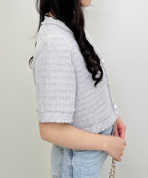 INGNI（イング）の「ツイードフリンジ半袖ジャケット（ノーカラージャケット・レディース・オフホワイト/グレー/ブルー・M）」の10枚目の写真