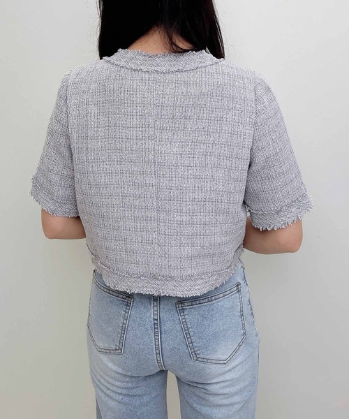 INGNI（イング）の「ツイードフリンジ半袖ジャケット（ノーカラージャケット・レディース・オフホワイト/グレー/ブルー・M）」の11枚目の写真