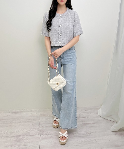 INGNI（イング）の「ツイードフリンジ半袖ジャケット（ノーカラージャケット・レディース・オフホワイト/グレー/ブルー・M）」の13枚目の写真