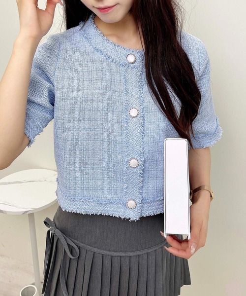 INGNI（イング）の「ツイードフリンジ半袖ジャケット（ノーカラージャケット・レディース・オフホワイト/グレー/ブルー・M）」の18枚目の写真