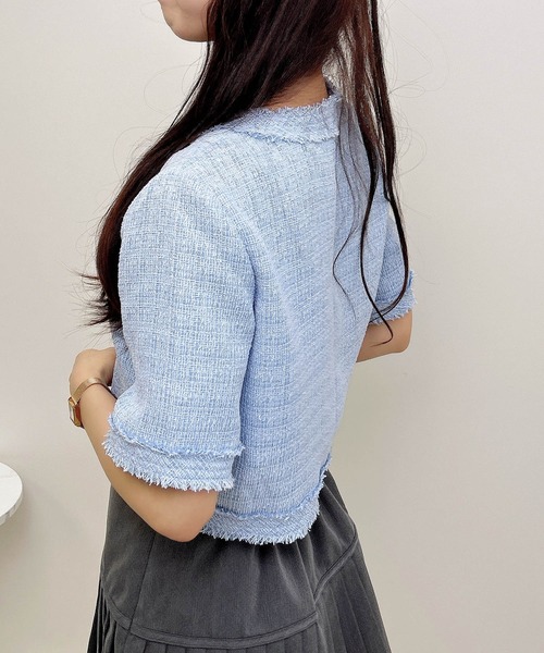 INGNI（イング）の「ツイードフリンジ半袖ジャケット（ノーカラージャケット・レディース・オフホワイト/グレー/ブルー・M）」の19枚目の写真