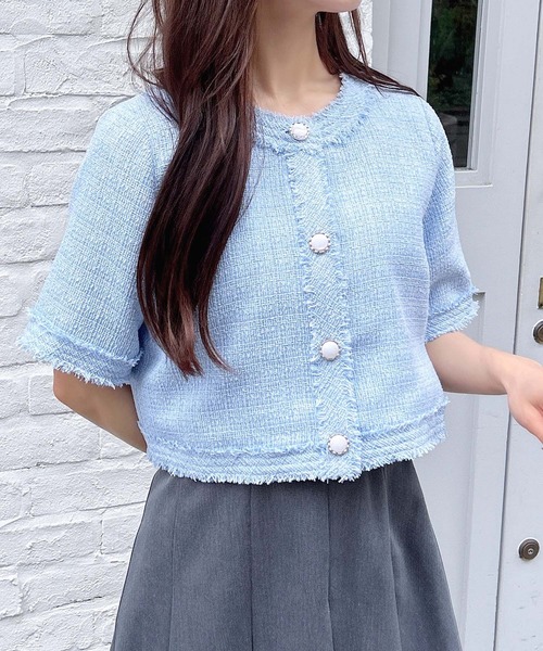 INGNI（イング）の「ツイードフリンジ半袖ジャケット（ノーカラージャケット・レディース・オフホワイト/グレー/ブルー・M）」の14枚目の写真